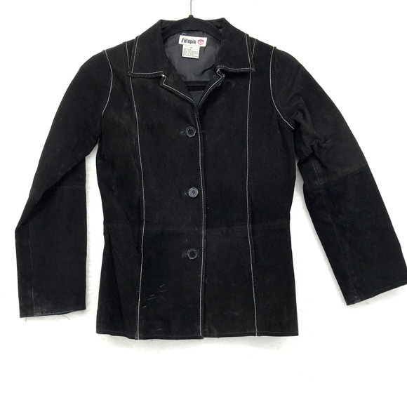 Zutopia Womens M Black Suede Jacket Button Up Tailored Long Sleeve Lined Pockets - Picture 1 of 6